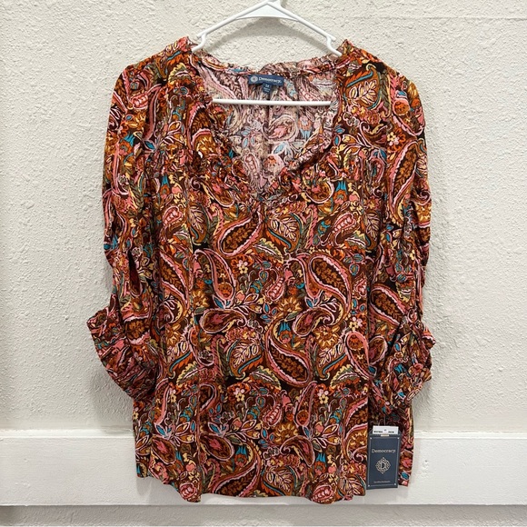Democracy Paisley Print Split Ruffle V-Neck 3/4 Ruched Sleeve Woven Top NWT 1X - Picture 3 of 8
